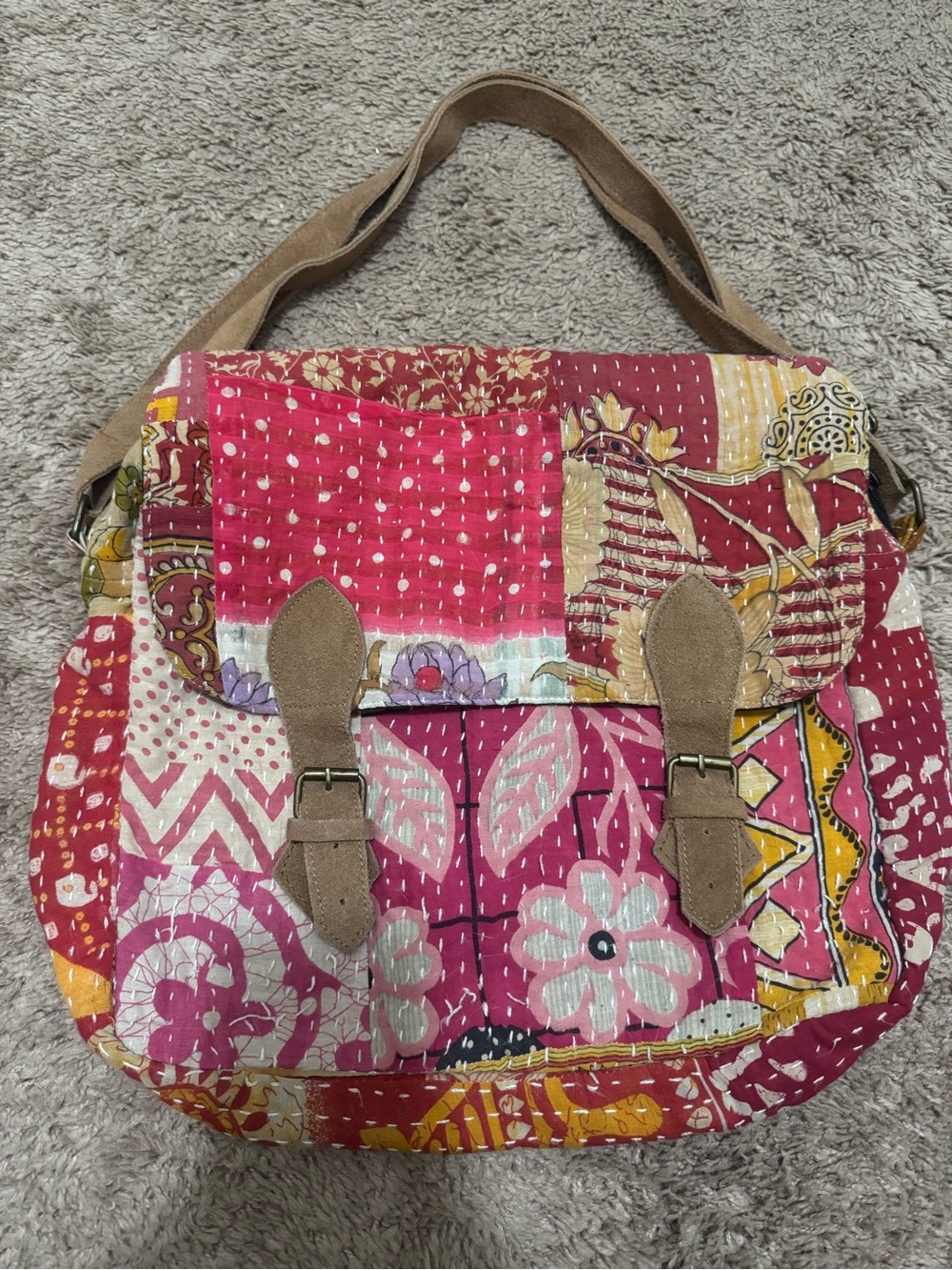 Patchwork Floral Pink Shoulder Bag with Tan Straps